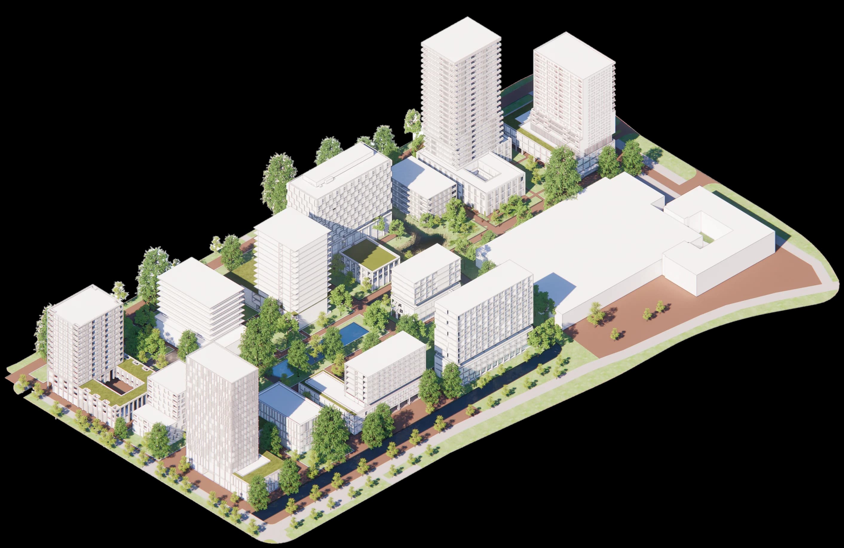 Overzichtskaart van het MORE-gebied met de acht gebouwen en de voorzieningen per gebouw