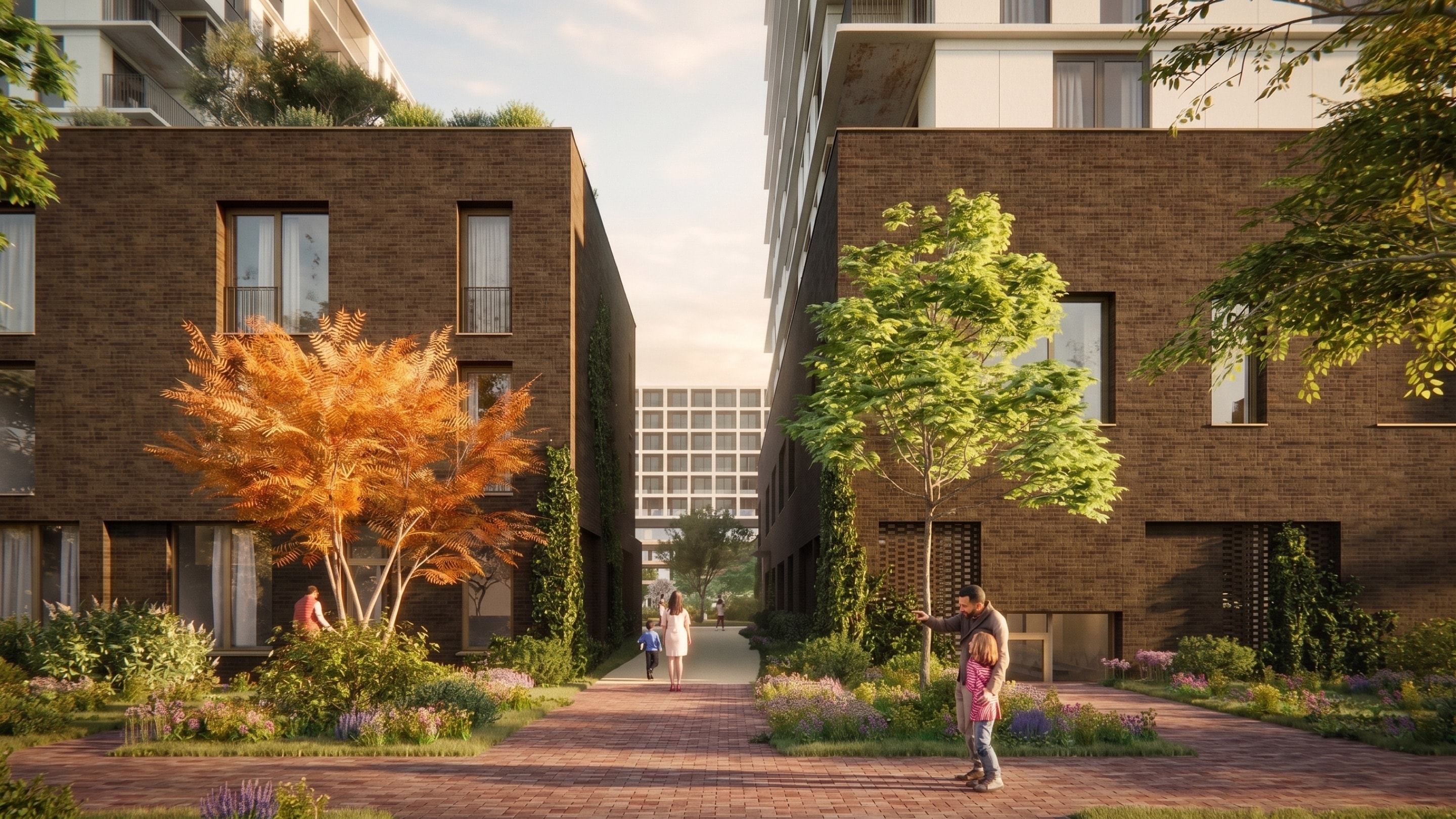Render van een groen steegje tussen twee bakstenen gebouwen, met spelende kinderen