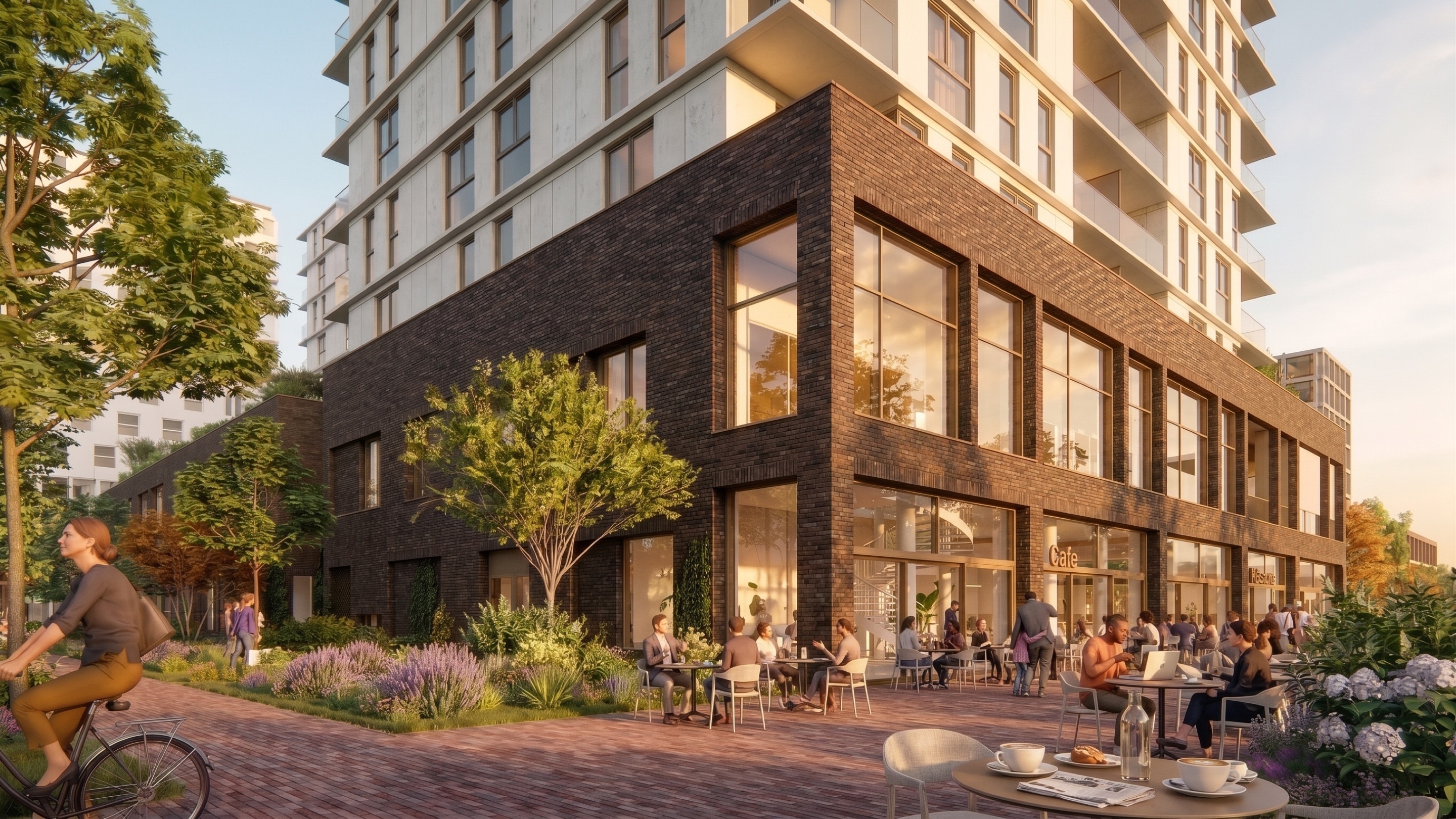 Render van een terras vol mensen aan de voet van een woontoren bij zonsondergang