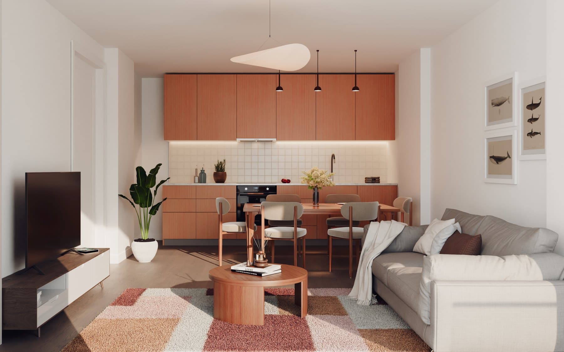 Interieurimpressie van type B: woonkamer met open keuken in warm hout
