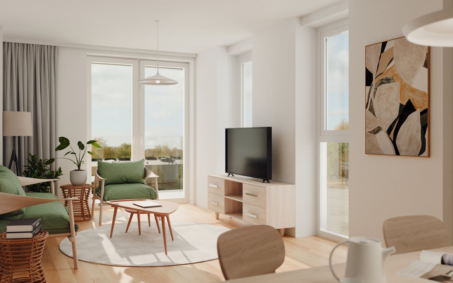Interior impression of type C: a living room with green accents and tall windows