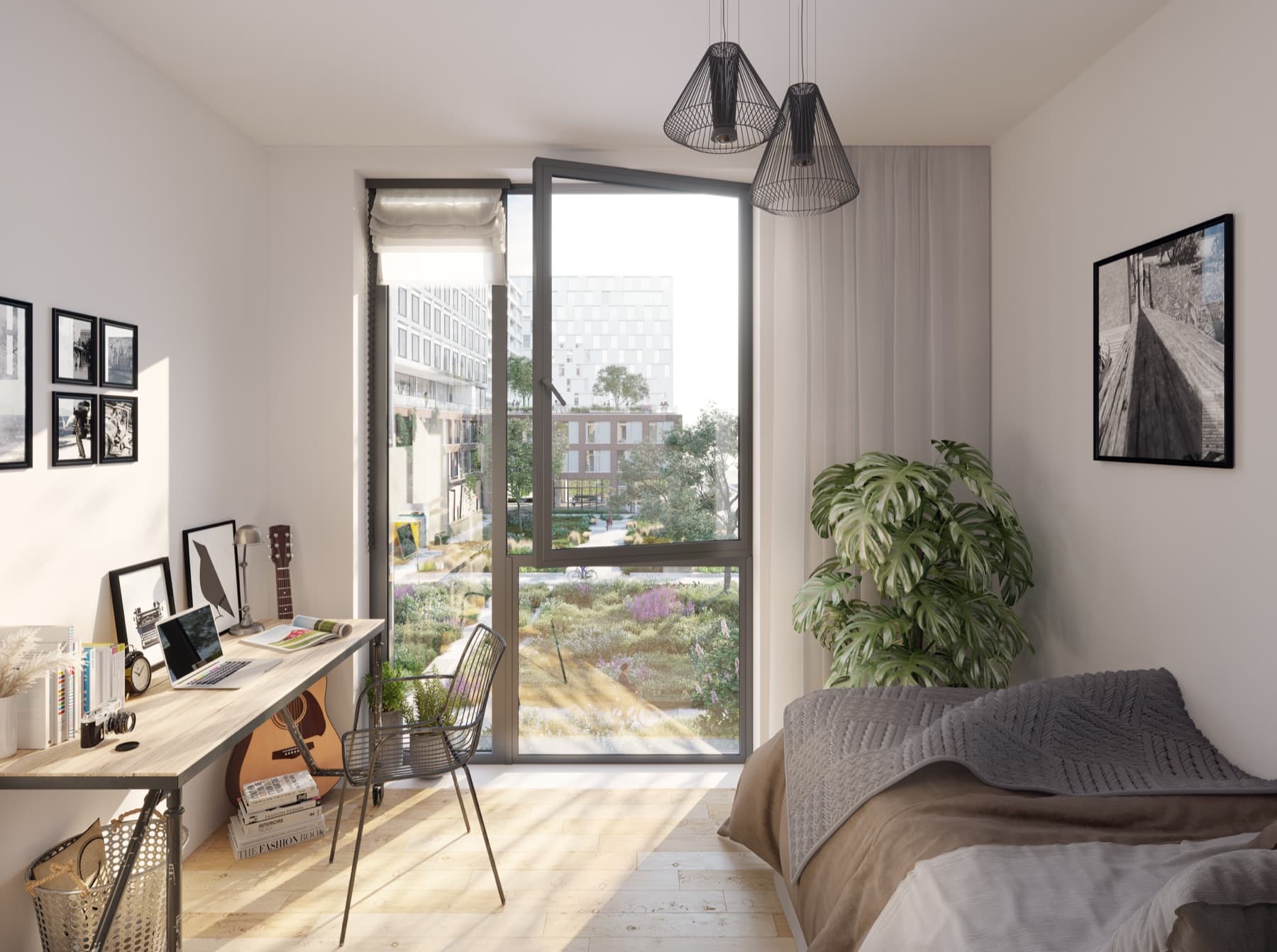 Interior of a bright apartment overlooking the green courtyard