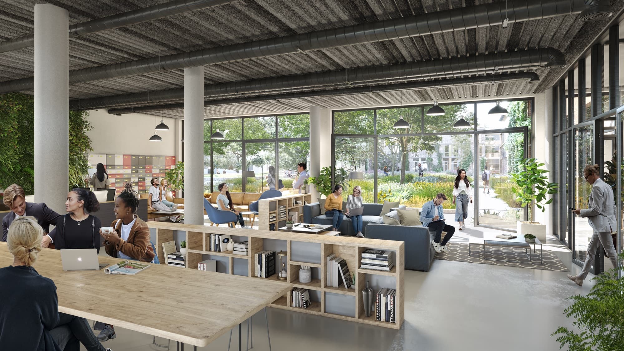 Shared work and meeting space overlooking the green courtyard