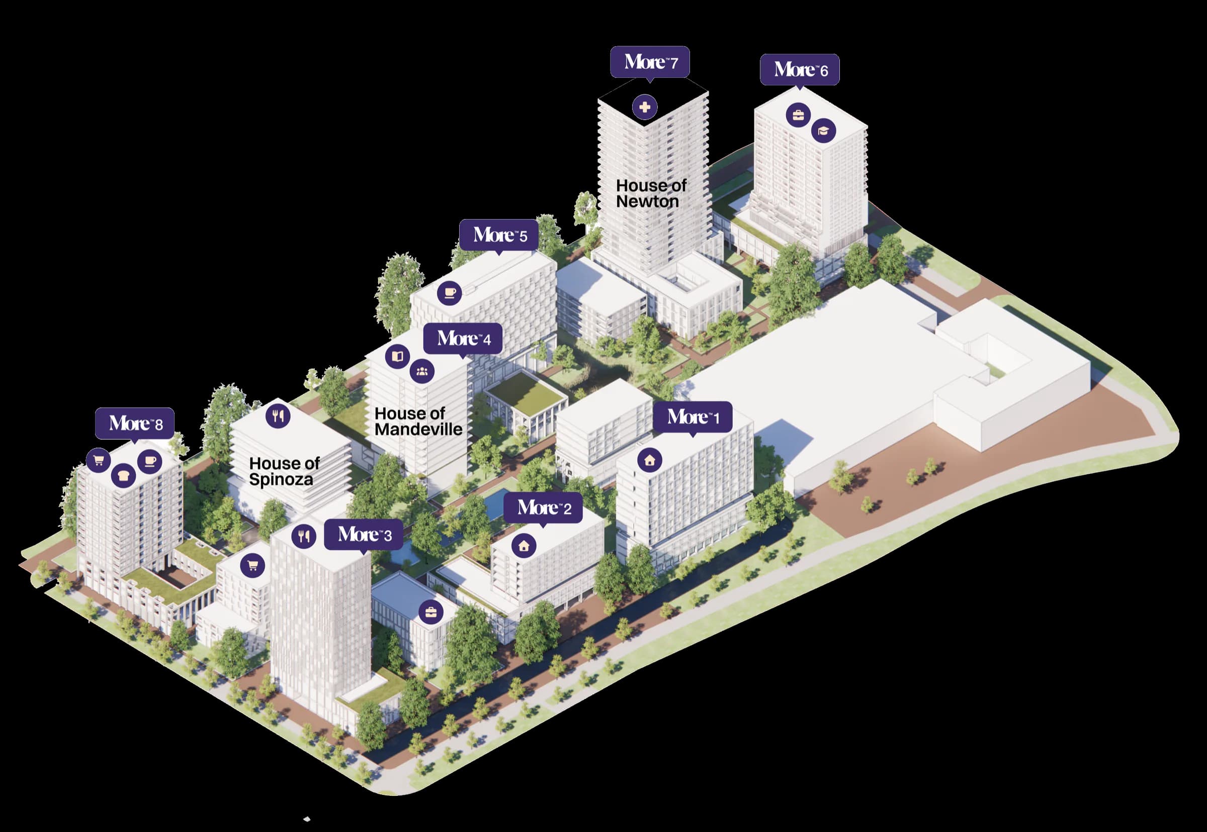 Overview map of the MORE district showing the eight buildings and the amenities in each