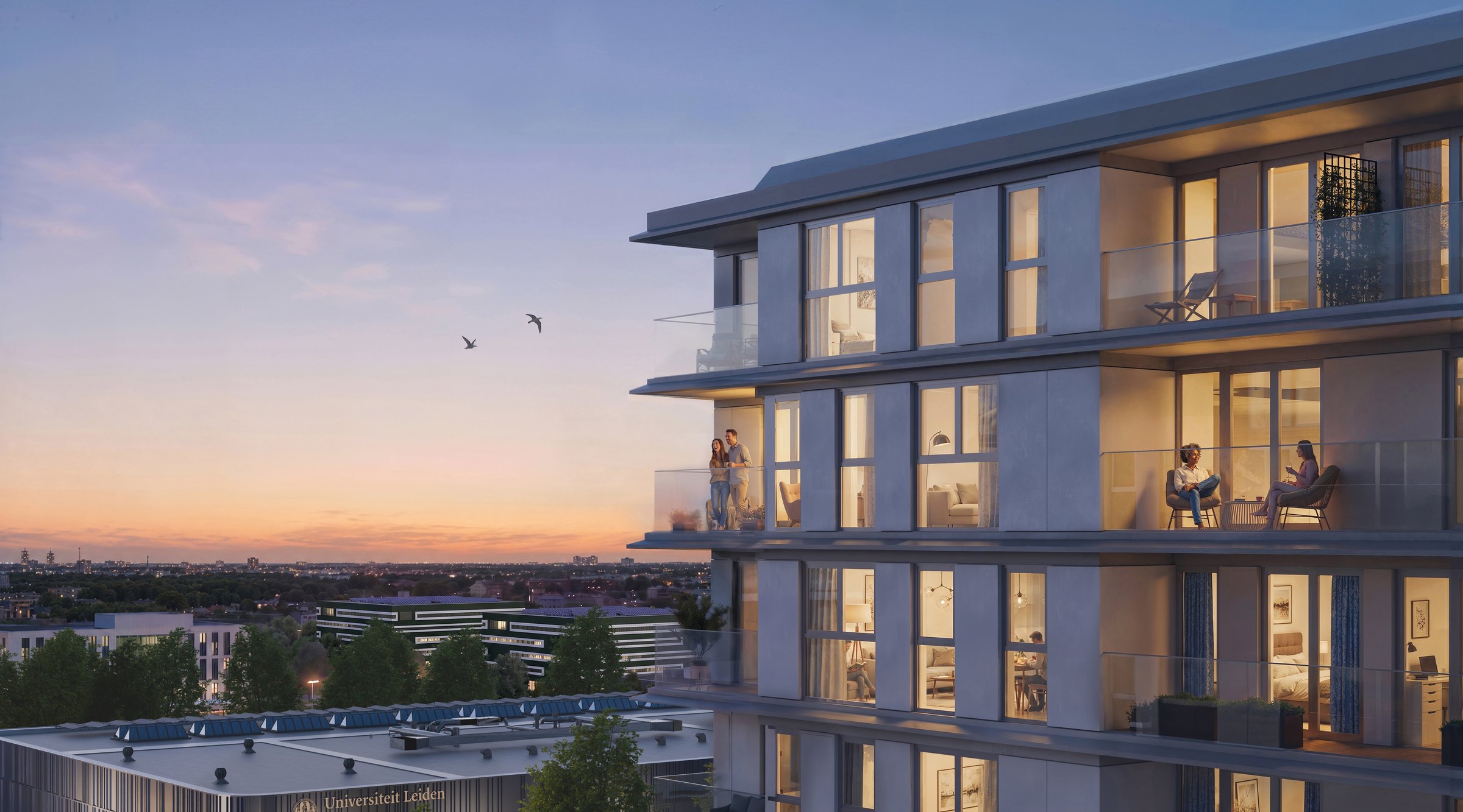 Impressie van de balkons van MORE4 bij zonsondergang, met uitzicht over het Leiden Bio Science Park en de stad