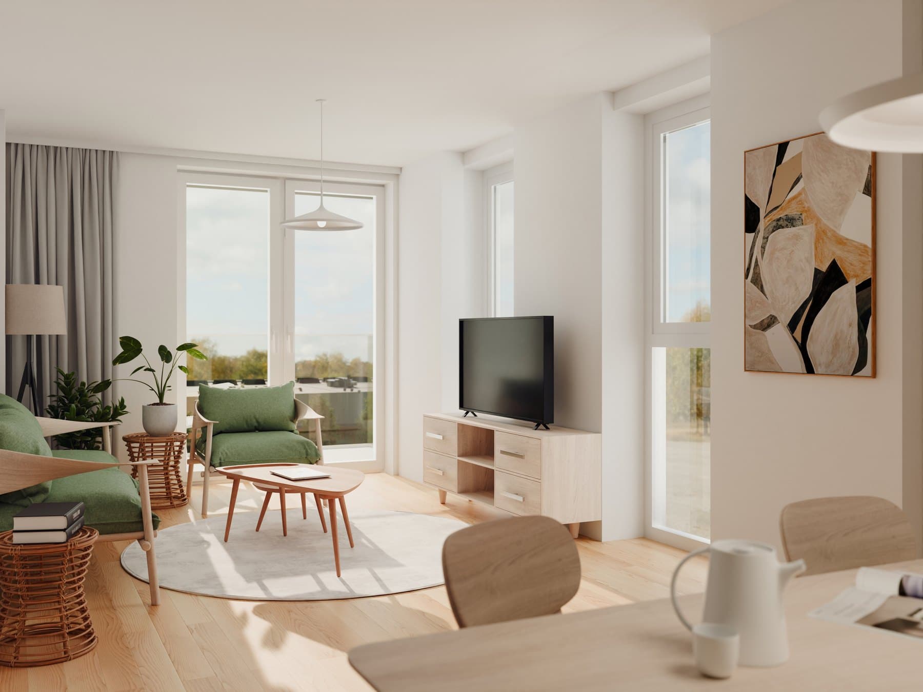 Interior impression of a living room with green accents, looking out over the greenery