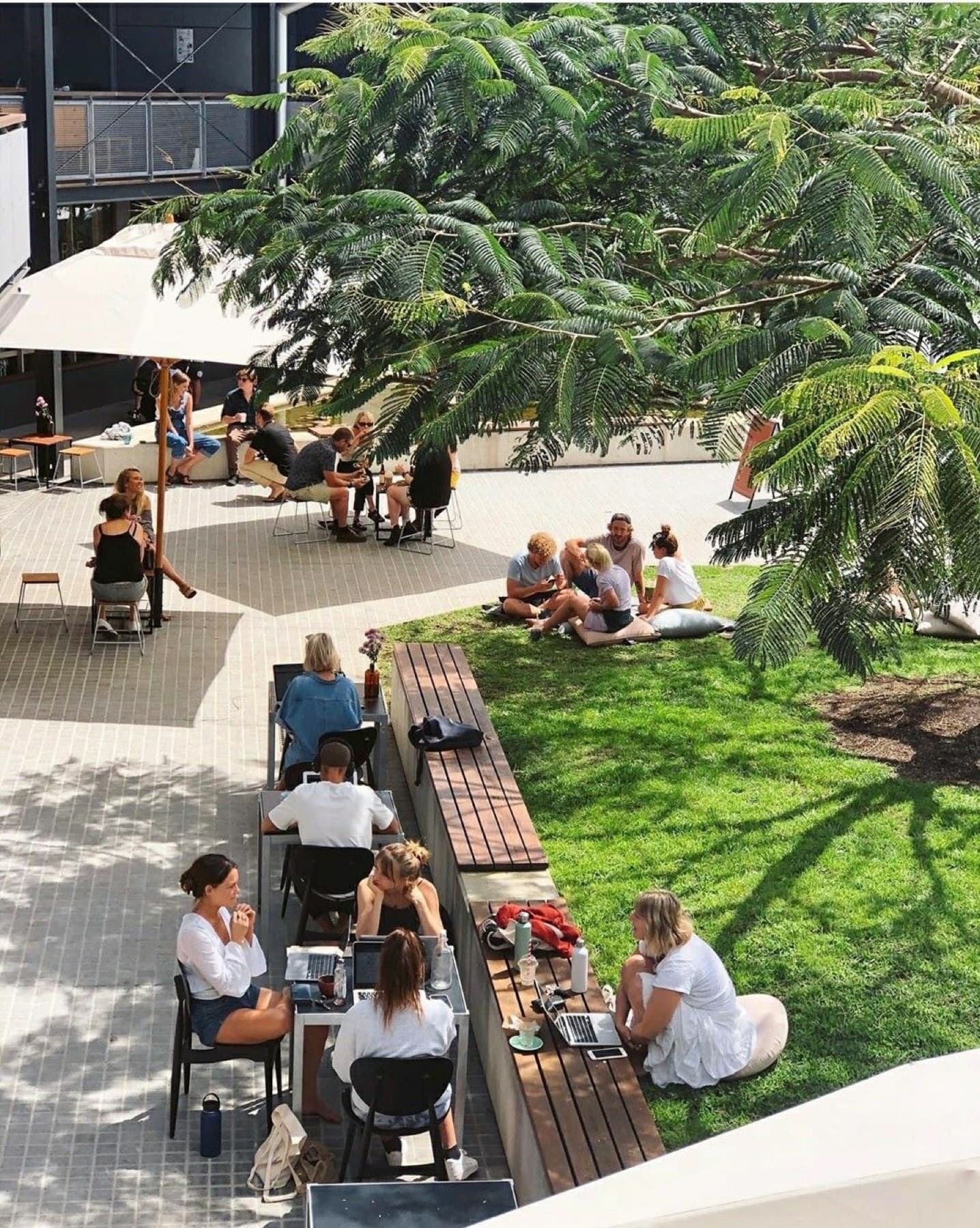 People relaxing and working in a green courtyard garden