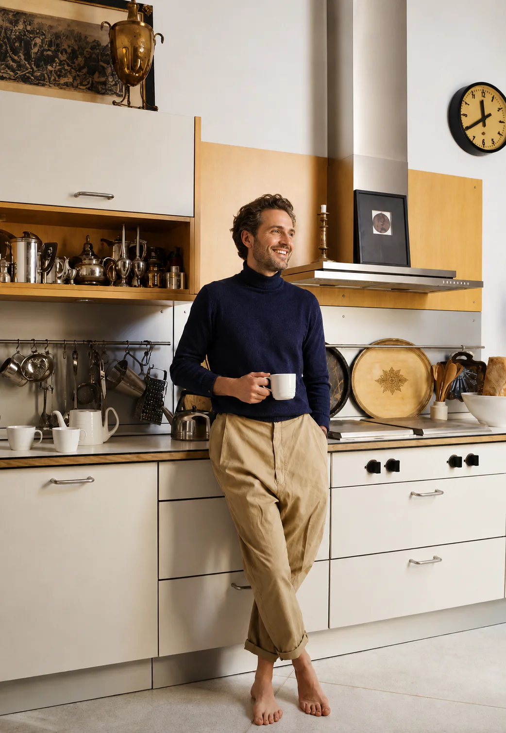 A resident with a cup of coffee in the kitchen of his apartment